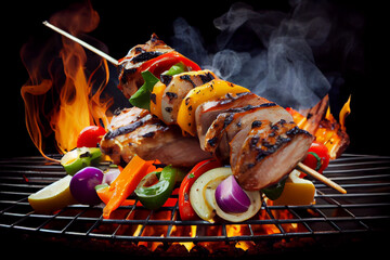 Schaschlik - Spieß mit Fleisch und Gemüse auf einen brennenden Grill - Generative Ai 
