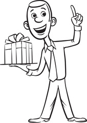 whiteboard drawing businessman presenting gift and pointing finger - PNG image with transparent background