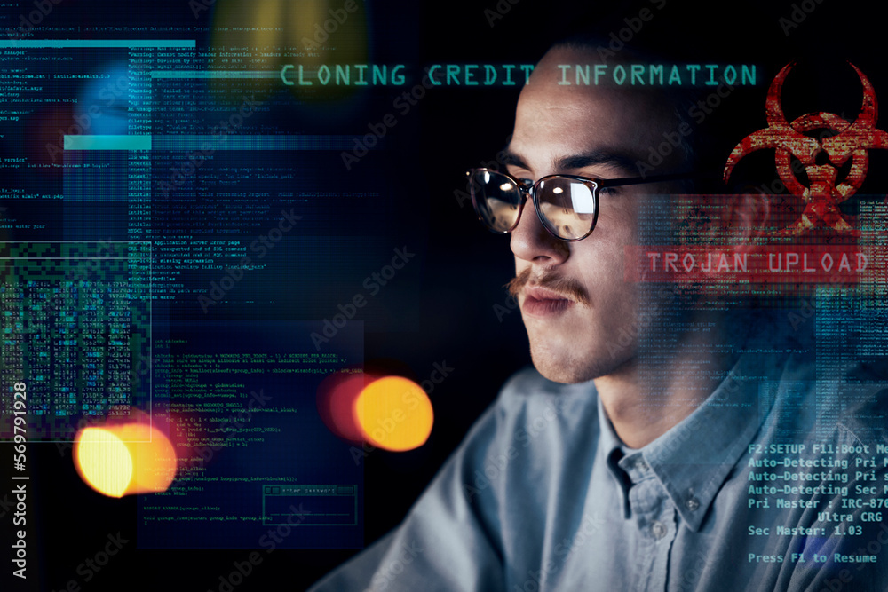 Leinwandbilder Cyber security, hacker and night with man and coding for software, digital transformation and phishing. Cloud computing, matrix and website with programmer for password, technology and data hacking