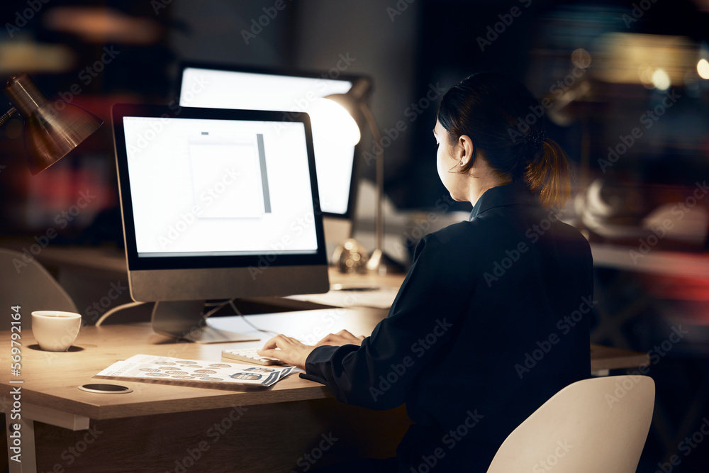 Poster Office, overtime and woman at computer, developer with data innovation at tech startup. Internet, web design and designer working late at night on future software ideas for technology for company.
