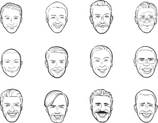 whiteboard drawing cartoon avatar smiling men heads - PNG image with transparent background