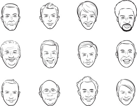 whiteboard drawing cartoon avatar smiling men faces - PNG image with transparent background