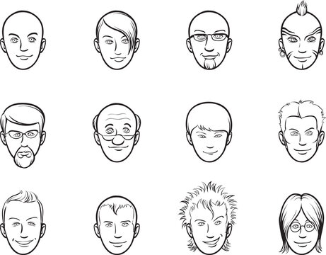 whiteboard drawing cartoon avatar various men faces - PNG image with transparent background