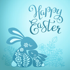 Fototapeta na wymiar Vector banner with calligraphy text Happy easter and silhouette of a rabbit family among flowers with butterfly. Illustration of mom and baby rabbit