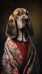 Photo Shoot of Unique Breathtaking Cultural Apparel: Elegant Bloodhound Dog in a Traditional Japanese Kimono with Obi Sash and Beautiful Eye-catching Patterns like Men, Women, and Kids (generative AI)