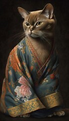 Photo Shoot of Unique Breathtaking Cultural Apparel: Elegant Burmese Cat in a Traditional Japanese Kimono with Obi Sash and Beautiful Eye-catching Patterns like Men, Women, and Kids (generative AI)