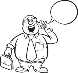 whiteboard drawing cartoon fat businessman with cell phone and briefcase - PNG image with transparent background