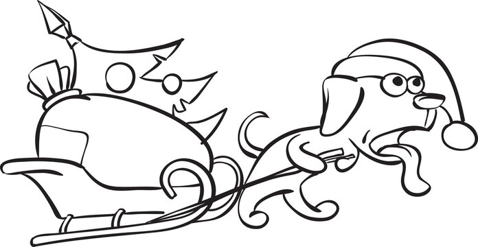 whiteboard drawing cartoon dog dragging christmas sleigh - PNG image with transparent background
