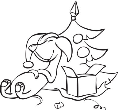 whiteboard drawing cartoon dog sleeping by the Christmas tree - PNG image with transparent background