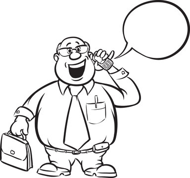 whiteboard drawing cartoon fat businessman with cell phone and briefcase - PNG image with transparent background