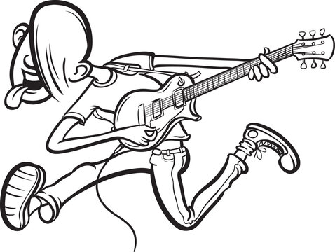 whiteboard drawing Cartoon jumping guitarist on stage - PNG image with transparent background
