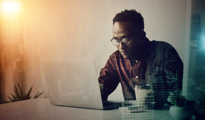 Black man, laptop and night with overlay, analysis or reading for web design, website ux or screen....