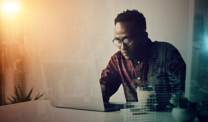 Black man, laptop and night with overlay, analysis or reading for web design, website ux or screen. Information technology expert, technician or computer with 3d holographic for vision, ui and coding