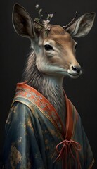 Photo Shoot of Unique Breathtaking Cultural Apparel:Elegant Deer Animal in Traditional Japanese Kimono with Obi Sash and Beautiful Eye-catching Patterns like Men, Women, and Kids generative AI