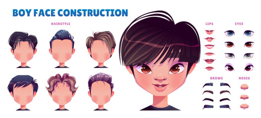Asian boy avatar construction. Male kid face generator with head parts, different eyes, lips, noses, hairstyles, brows isolated on white background, vector cartoon set