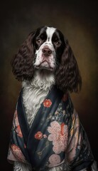 Fototapeta premium Photo Shoot of Unique Breathtaking Cultural Apparel: Elegant English Springer Spaniel Dog in a Traditional Japanese Kimono with Obi Sash and Beautiful Eye-catching Patterns like Men, Women, and Kids