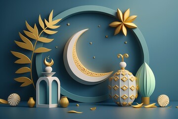 Ramadan kareem Illustration 3D Render on Soft Blue Color