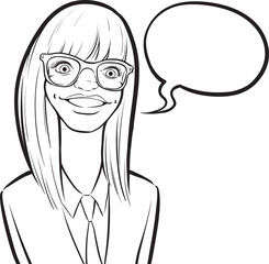 whiteboard drawing cartoon smiling nerd girl in glasses with speech bubble - PNG image with transparent background