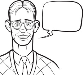 whiteboard drawing cartoon smiling nerd with speech bubble - PNG image with transparent background