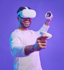 Metaverse, virtual reality glasses and a man with vr control futuristic gaming, cyber and 3d world. Gamer person with controller in hand for ar, digital experience and cyberpunk purple background app