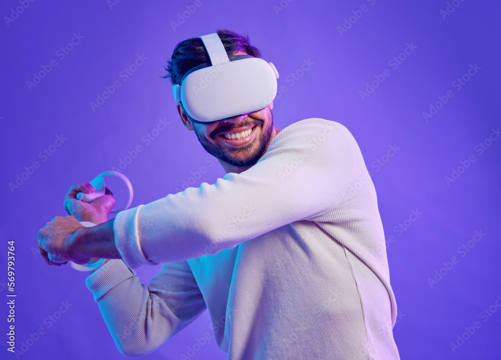 Aufkleber man fight in metaverse, virtual reality glasses and futuristic game for vr gaming in cyber 3d world.
