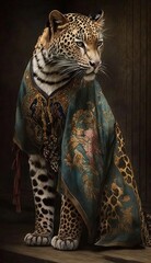 Photo Shoot of Unique Breathtaking Cultural Apparel:Elegant Jaguar Animal in Traditional Japanese Kimono with Obi Sash and Beautiful Eye-catching Patterns like Men, Women, and Kids generative AI