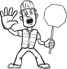 whiteboard drawing cartoon worker warning with stop sign - PNG image with transparent background