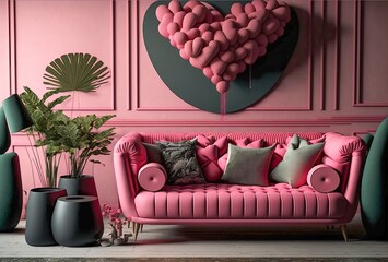 Stylish luxurious living room interior in pink with velvet sofa and