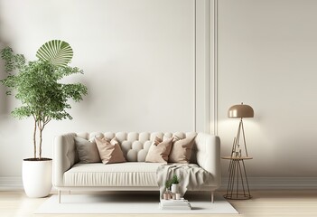 Clean minimal scandinavic interior with modern sofa with empty wall mockup .Generative AI