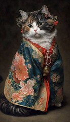 Photo Shoot of Unique Breathtaking Cultural Apparel: Elegant LaPerm Cat in a Traditional Japanese Kimono with Obi Sash and Beautiful Eye-catching Patterns like Men, Women, and Kids (generative AI)