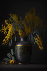 still life oil painting of wattle flowers in a vase with a black background created with generative ai