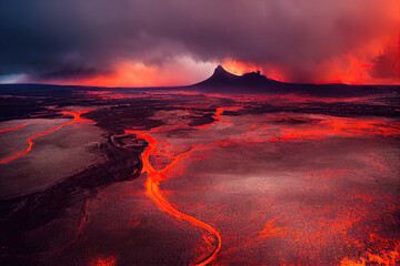 Fototapeta premium Vulcano planet, lava river, AI generated art