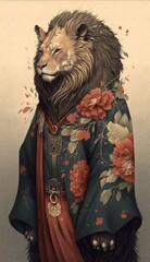 Photo Shoot of Unique Breathtaking Cultural Apparel:Elegant Lion Animal in Traditional Japanese Kimono with Obi Sash and Beautiful Eye-catching Patterns like Men, Women, and Kids generative AI