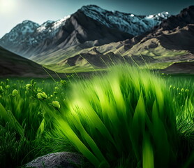 Nowruz, oasis, green grass, mountains