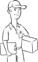 whiteboard drawing delivery man with box and clipboard - PNG image with transparent background