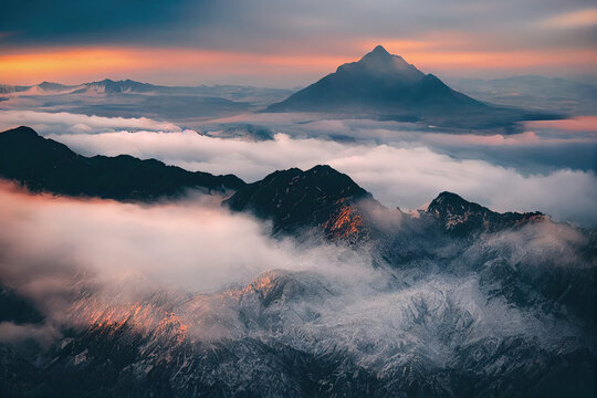 Aerial view of mountains and olcano in the fog, AI generated art
