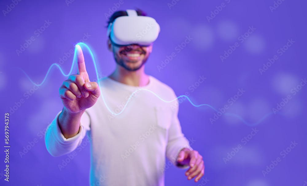 Poster futuristic, hand and virtual reality, man and screen touch, metaverse and technology innovation in s