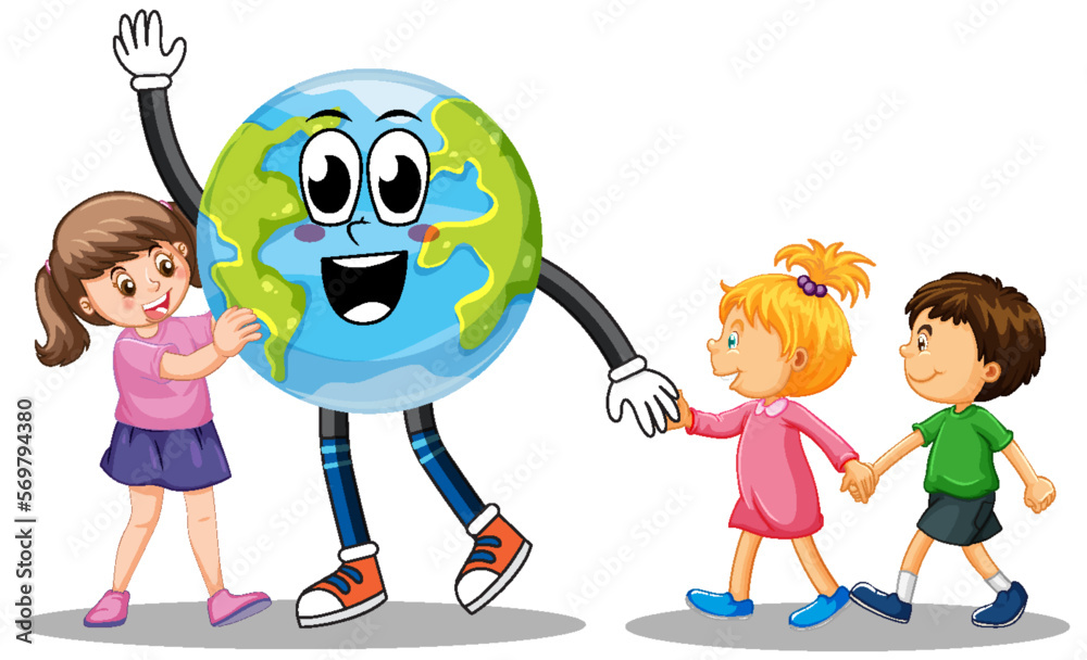 Poster three kids with cartoon earth globe