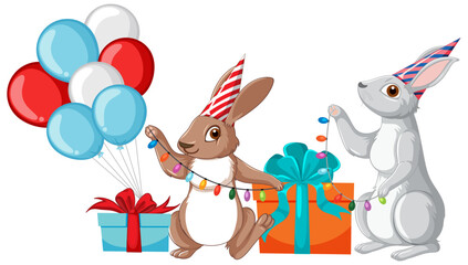 Rabbit cartoon character with gift bag