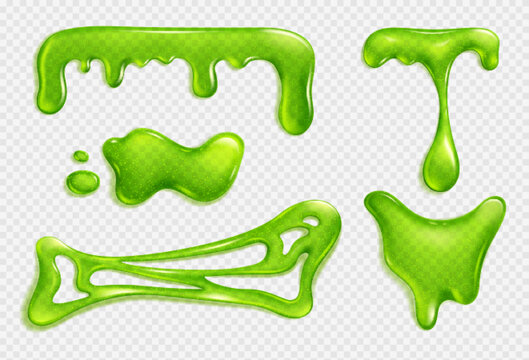 Green slim stretched, jelly , liquid dripping snot or glue realistic vector isolated illustration on transparent background. Blot of toxic phlegm or slimy poison splash