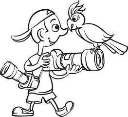 whiteboard drawing funny photographer and curious parrot - PNG image with transparent background