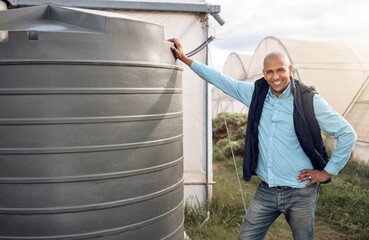 Farmer, portrait and water tank in farming liquid or soil hydration for vegetables, food or crops growth. Irrigation, storage and agriculture container for watering conservation, smile or happy man