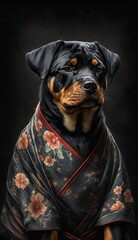 Photo Shoot of Unique Breathtaking Cultural Apparel: Elegant Rottweiler Dog in a Traditional Japanese Kimono with Obi Sash and Beautiful Eye-catching Patterns like Men, Women, and Kids (generative AI)