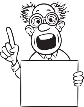 whiteboard drawing mad scientist pointing finger with blank placard - PNG image with transparent background