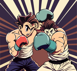 A young fighter or boxer loses and gets hit in the face with a knockdown or knockout in the boxing ring during a fight. Cartoon character, anime, flat vector illustration. - obrazy, fototapety, plakaty