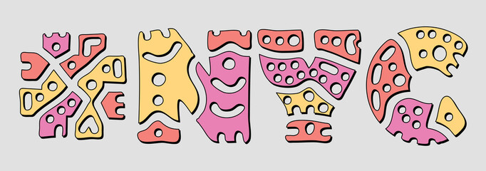 NYC Hashtag. Doodle isolate text. Colored curves decorative doodle letters. Trendy popular Hashtag #NYC for New York City, booklet, banner, flyer. Stock vector.
