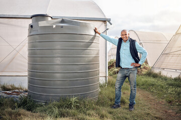 Man, portrait and water tank in farming liquid or soil hydration for vegetables, food and crops...