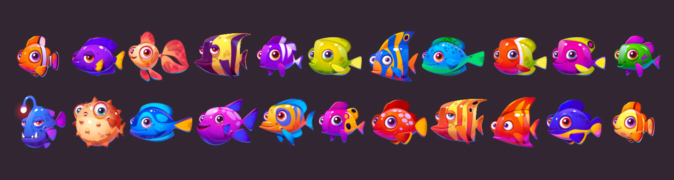 Cartoon set of cute sea fish isolated on dark background. Vector illustration of ocean or marine underwater animal characters with funny big eyes and smiles. Colorful tropical coral reef inhabitants