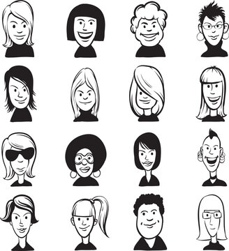 whiteboard drawing set of doodle woman cartoon faces - PNG image with transparent background