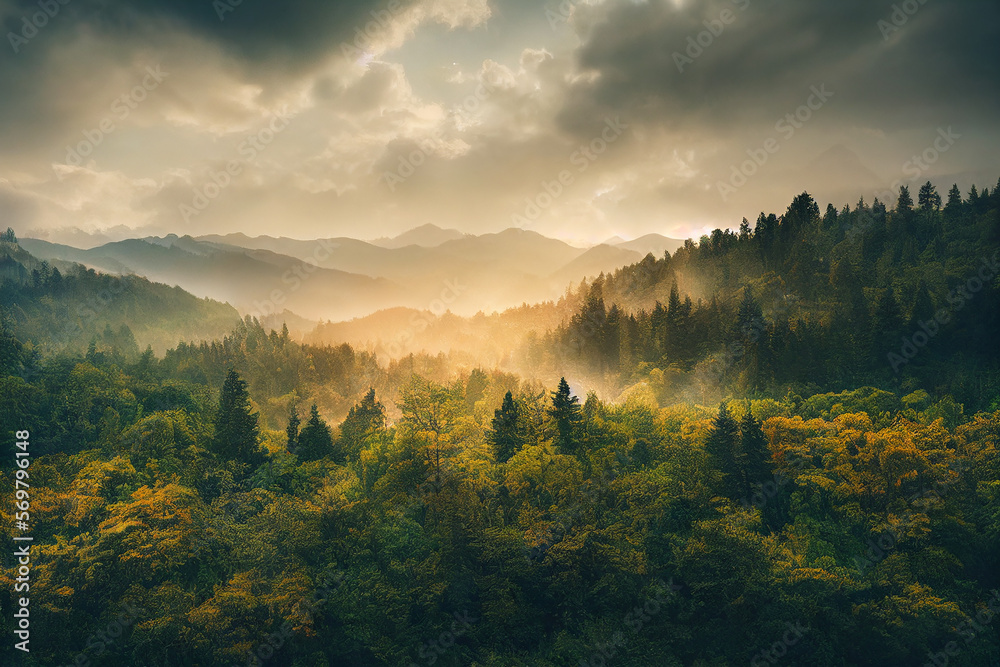 Wall mural Wallpaper of a beautiful forest landscape. Generative ai